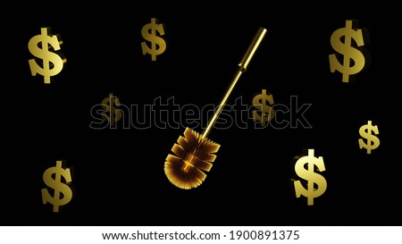 Gold toilet brush and dollar signs on a black background. Excessive luxury concept, 3D rendering