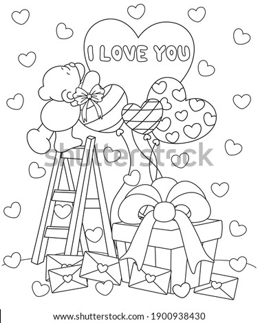 Enjoy Valentine's Day with a little bear reaching heart balloon, gift, love letter, I love You. coloring book page. Vector illustrations.

