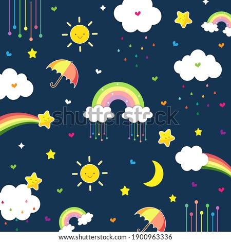 Cute cartoon pattern (Rainbow ,Smile cloud happy face ,Sun ,Moon ,Star ,Heart ,Rainbow ,Umbrella) isolated on deep blue background.Design for wallpaper ,print or screen.Sweet dream concept.