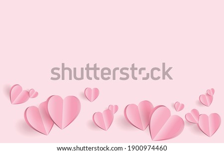 Paper cut elements in shape of heart flying on pink and sweet background. Vector symbols of love for Happy Valentine's Day, birthday greeting card design.