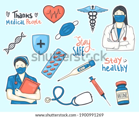 Colorful Hand drawn medical stickers collection