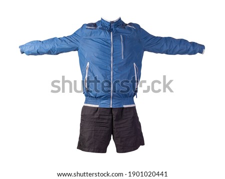 mens blue white jacket and black sports shorts isolated on white background. fashionable casual wear