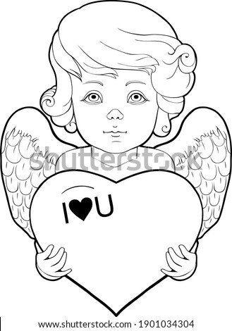Cupid holding a love heart Happy Valentine's Day vector illustration isolated clipart. Character for congratulation. Child in cartoon style. Art design for birthday, wedding card or valentine's day