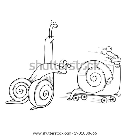 Funny snails are watching the snail racer. Vector illustration for design or textile print