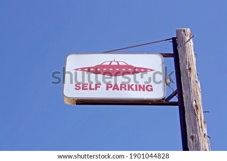 UFO self parking sign at little ale inn roadside cafe near Area 51, Nevada, United States of America.