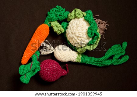 Knitted vegetables: cabbage, carrots, beets, onions. The concept. Stylization. Handicrafts. Ecological toys for children to develop fine motor skills. Handmade toys. Montessori education.