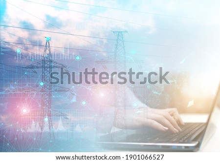 the concept of the development of wireless transmission of electricity and the analysis of electricity consumption by a person with data transmission to cloud servers. The Internet of Things in Energy Royalty-Free Stock Photo #1901066527
