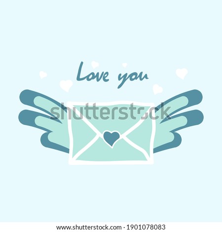 Text I love you, blue envelope with hearts and wings. Valentine's day.