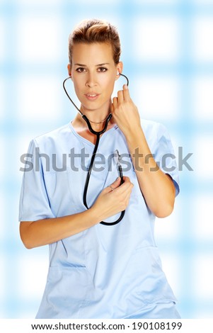 young female health care professional. Female doctor with stethoscope