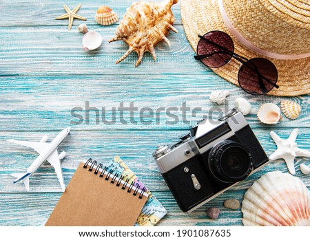Summer travel concept. Old film camera, hat, shell and palm leaves on blue wooden background.