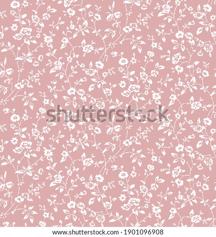 vector seamless millefleurs pattern, white wild roses on pink background, boho style