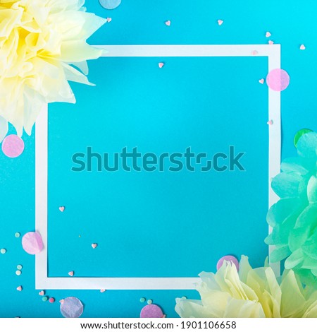Party Holiday Background with ribbon, stars, birthday candles and confetti on blue background.