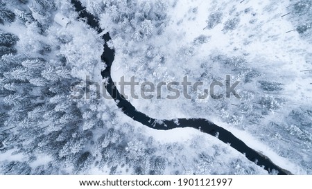 Aerial view of river thorugh snow covered forest in calm scene. Drone view photo from the drone on a cloudy day. Aerial top view beautiful snowy landscape Royalty-Free Stock Photo #1901121997