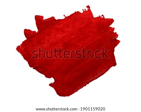 Red lipstick smudged background. Lipstick or other makeup product swatch. Acrylic paint smeared texture. Red gouache brush painted wallpaper. Can be used as an advertisement banner, text background.