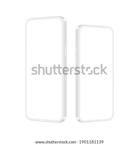 Phones Clay Mockups with Blank Screens, Side Perspective View, Isolated on White Background. Vector Illustration