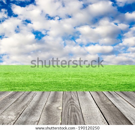 Green field under blue sky. Wood planks floor.