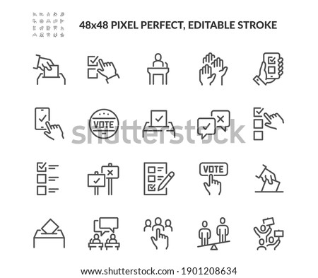 Simple Set of Voting Related Vector Line Icons. Contains such Icons as Raising Hands, Ratings of Candidates, Electronic voting and more. Editable Stroke. 48x48 Pixel Perfect. Royalty-Free Stock Photo #1901208634