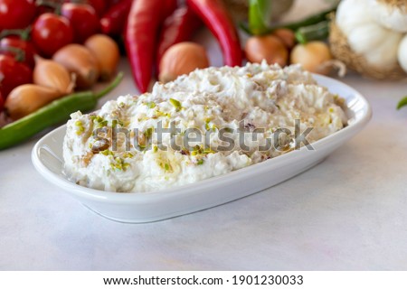 Marko Pasha appetizer prepared with chicken, roasted eggplant, garlic, walnuts and mayonnaise. Traditional Turkish cuisine flavors. Appetizer served with the main course