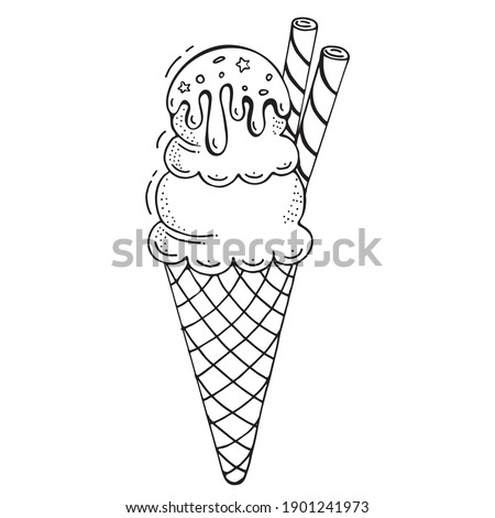 Cute ice cream cone. Hand drawn Doodle sketch vector illustration. For greeting cards, covers, posters, labels, recipes, food design, bakery, pastry shops, cafes. Black and white background.