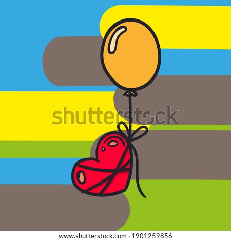 A red heart tied to a balloon with a string. Saturated colored background. Valentine's card for Valentine's Day.