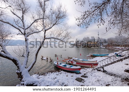 Excursion with stunning scenery on a snowy morning of Golyazi. Bursa, Turkey.
