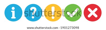 Check mark, cross and exclamation icons vector. Set colored flat buttons. Tick, question and answers mark. Help symbol. FAQ sign isolated on white background. Vector illustration.
 Royalty-Free Stock Photo #1901273098