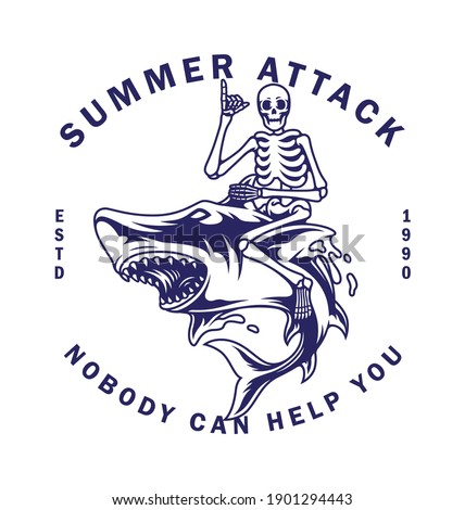 Vector illustration skeleton riding wild shark, For t-shirts, stickers and other similar products.