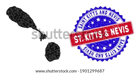 Saint Kitts and Nevis map polygonal mesh with filled triangles, and rubber bicolor stamp seal. Triangle mosaic Saint Kitts and Nevis map with mesh vector model, triangles have variable sizes,