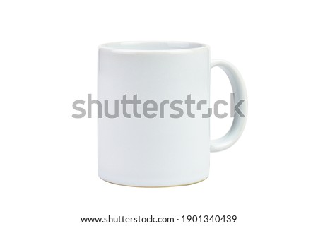Clipping path. Close up of white mug mockup isolated on white background view. Blank Mug. Blank product. Coffee cup mockup. Mug ceramic blank. Royalty-Free Stock Photo #1901340439