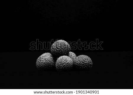Black and white photograph of a few lychees with a black background positioned in the middle of the picture