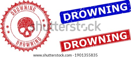 Rectangle and round DROWNING seal stamps with icon inside. Blue and red scratched seal stamps with DROWNING message inside rectangle shapes. Rosette badge includes icon inside.