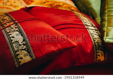 Close up red elephant embroidered satin pillows on sofa, indian home interior details 