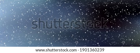Social media horizontal template, starry night header. Abstract constellation gradient background, space pattern, galaxy ornament. Can be used for web sites and banners. Vector stock illustration.