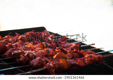 meat kebabs cooked on the grill in winter. High quality photo