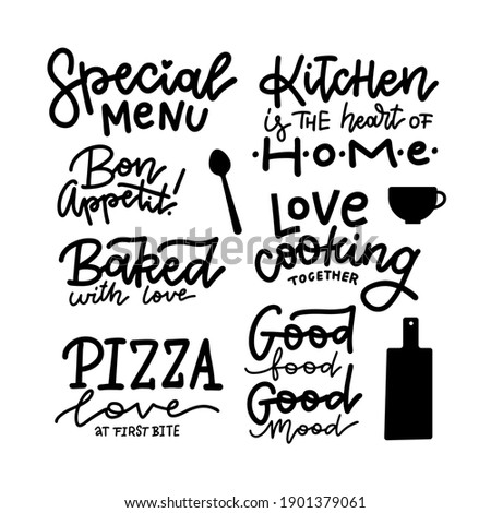 Lettering food, beverage photography overlay typography set. Calligraphy linear style quote. Shop promotion motivation. Graphic design lifestyle lettering. Cafe restaurant inspiration promotion vector
