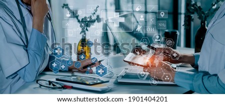 Double exposure of technology healthcare And Medicine concept. Doctor hands touching on modern virtual screen interface icons, blurred background.