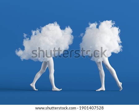 3d render. Couple of abstract white clouds with mannequin legs. Soul mate metaphor. Social role play. Partners interaction. Minimal surreal clip art isolated on blue background