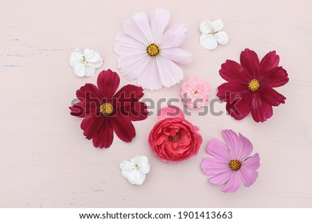 Spring or summer styled stock photo. Feminine composition with pink rose, cosmos and geranium flowers on grunge pink table background. Floral pattern. Natural, flat lay, top view.