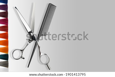 Scissors Comb colored Hair. Professional barber hair cutting scissors. Hairdresser salon equipment concept, premium hairdressing shears. Accessories for haircut. Price list or business card background