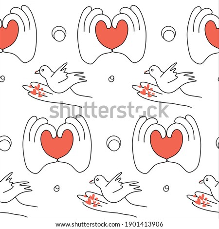 Seamless vector pattern with heart shape made of hands and with man holding a bird, dove on his palm and feeding it with little red hearts