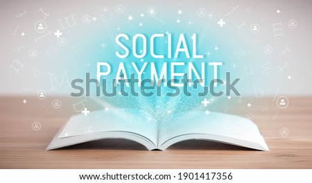 Open book with SOCIAL PAYMENT inscription, social media concept