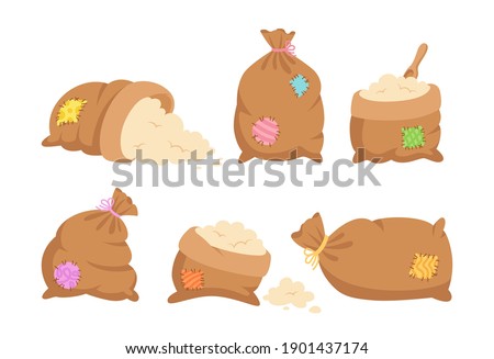 Sacks with colored patches, flour or sugar cartoon set. Bag burlap collection. Harvest agricultural symbol flour production. Bakery mill symbol. Design organic farm elements, packaging label vector