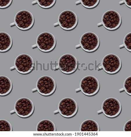 White coffee cups with coffee beans. Top view. Seamless pattern on a gray background. Good morning concept. Illustration idea for coffee card.
