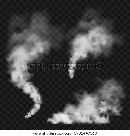 Realistic smoke clouds. Stream of smoke from burning objects. Transparent fog effect. White steam, mist. Vector design element.
