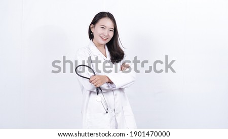 doctor asian woman with stethoscope isolated white background