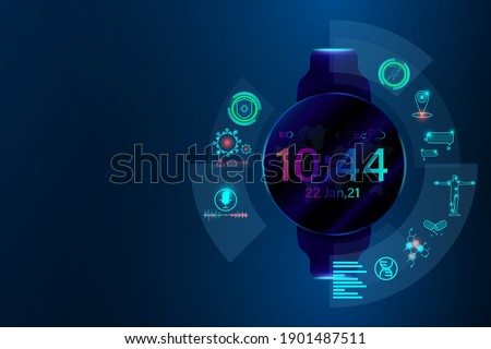 Smart watch and healthy online concept. Giant watch on technology blue background. Vector illustration design. Royalty-Free Stock Photo #1901487511