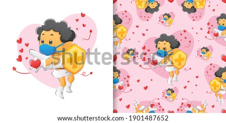 The pattern set of the cupid boy holding shield and spreading the love to the people of illustration