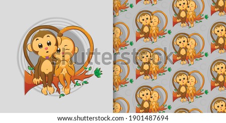 The hand drawn of the cute couple monkeys sitting on the branch together of illustration
