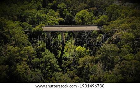 High downward angled photographs of the old sandstone Knapsack Viaduct Bridge, Blue Mountains, NSW, Australia
