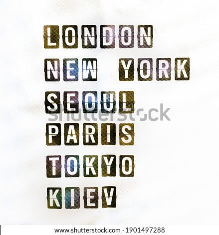 Famous cities names (London, New York, Seoul, Paris, Tokyo and Kiev) on airport timetable board style. Travel destination plan for vacation concept, retro typography style on a black frame. 